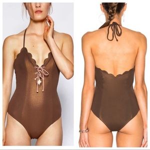 Marysia one piece swimsuit Broadway maillot halter top metallic brown L